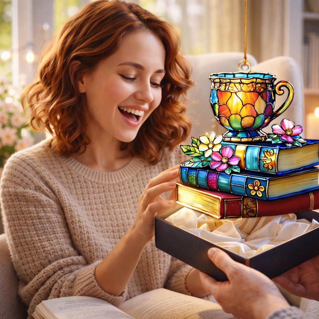 Book Lovers Gifts for Women -Tea Books Ornament, Floral Book Ornament, Gift for Readers Friends Coworker, Hanging Literary Decor, Reader, Bookworm, Book Ornament Faux Stained Glass Window Hanging.