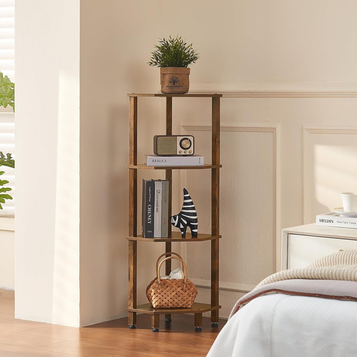 4-Tier Corner Shelf with Sturdy 5-Leg Base, 40in Tall Narrow Bookcase for Small Spaces, Wooden Plant Display Shelf, Thin Bookshelf for Living Room, Bedroom, Office, Brown