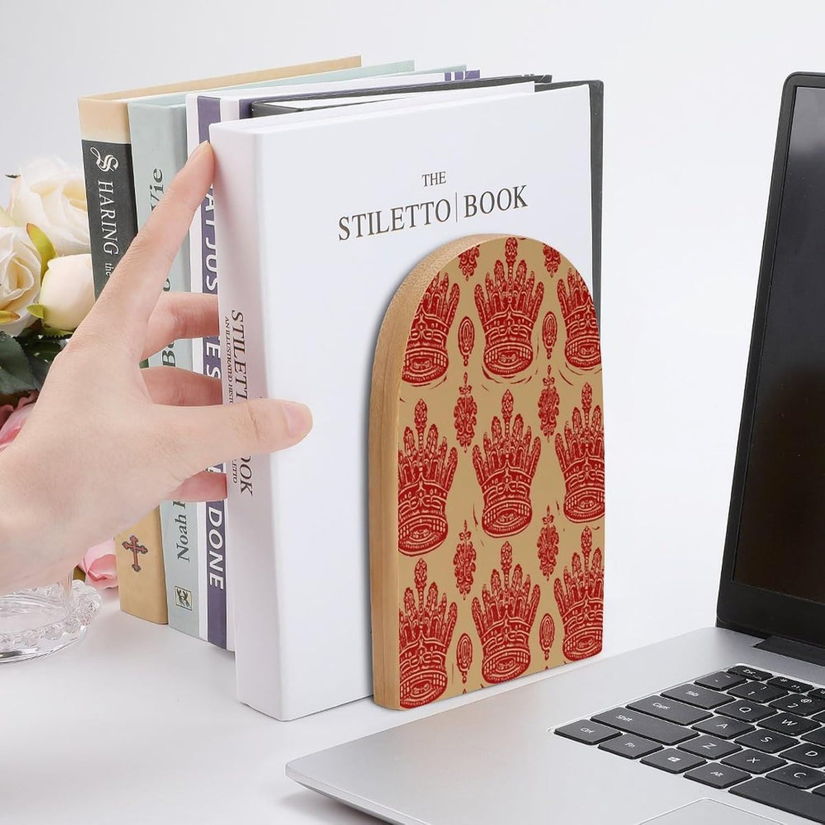 Red Crown Wooden Bookend Non-Slip Book Ends Heavy Duty Book Stopper with Metal Base Books Holderd Decorative Bookends Stands Firmly for Office Supplies