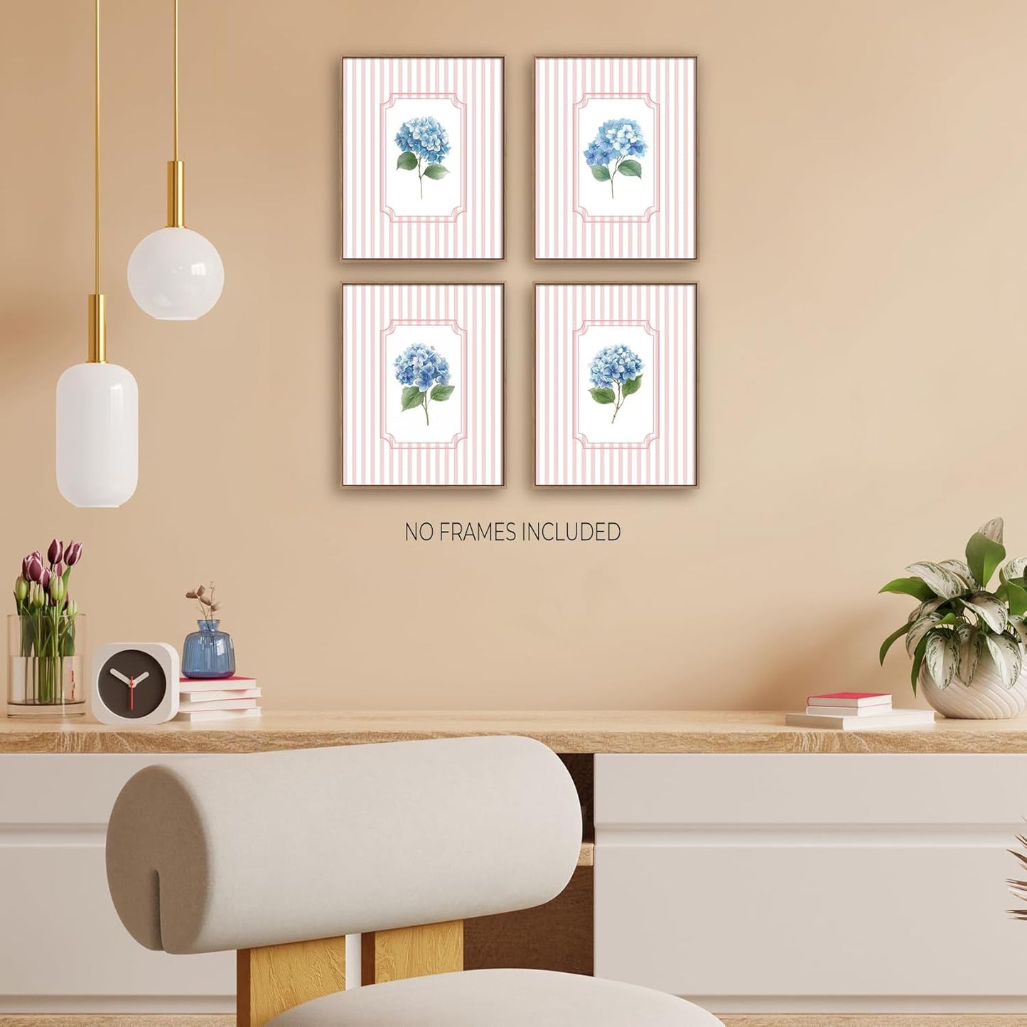 Foritho Pink Striped Blue Hydrangea Floral Wall Art Prints 8x10 Set of 4, Grandmillennial Blue Flower Botanical Wall Decor Pictures Posters for Girls Bedroom Home Living Room, Unframed