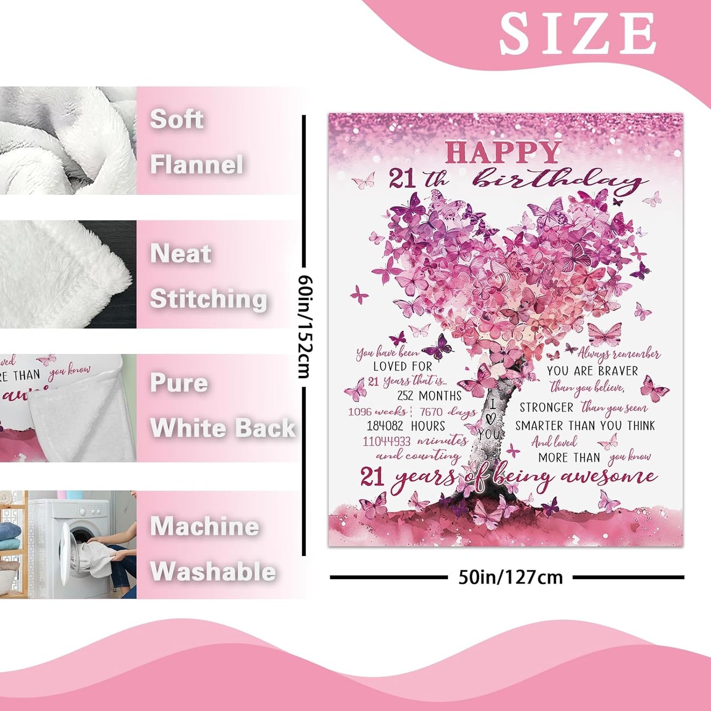 Happy 21th Birthday Gifts for Girls Flannel Throw Blanket, 21 Year Old Birthday Gift Ideas, Pink Love Heart Tree Present for Women Daughter, Girly Bday Soft Bedding Sofa Blankets 50'' x 60''