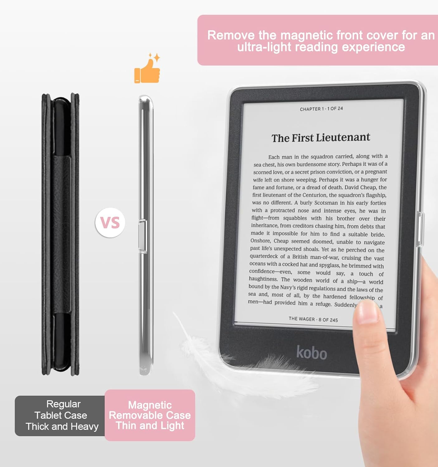 E NET-CASE Detachable Magnetic Case for 6" Kobo Clara Colour (2024) /Clara BW (2024) /2E (2022) eReader, Ultra Clear Back Scratch-Proof Light丨Easy to Detach & Attach丨Auto Sleep/Wake (Love Pink)