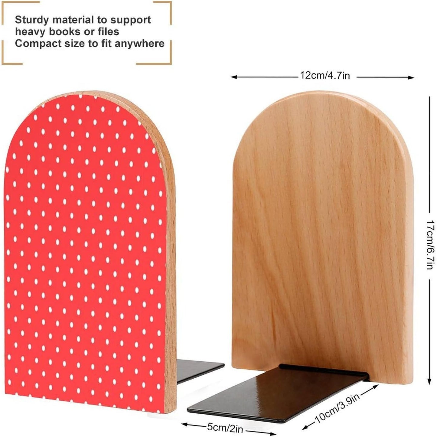Red and White Polka Dots Wooden Bookend Non-Slip Book Ends Heavy Duty Book Stopper with Metal Base Books Holderd Decorative Bookends Stands Firmly for Office Supplies