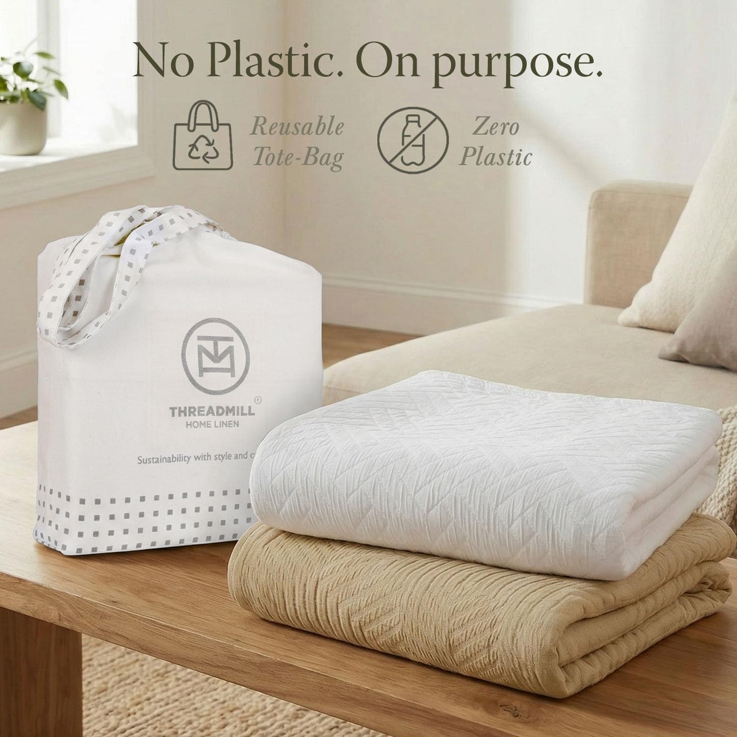 Threadmill Luxury Cotton Blankets for Queen Size Bed | All-Season 100% Cotton Queen Size Blanket | Aster Jacquard Cozy Lightweight, Soft Breathable Coverlet fits Full Size Bed, 90x92 | Beige