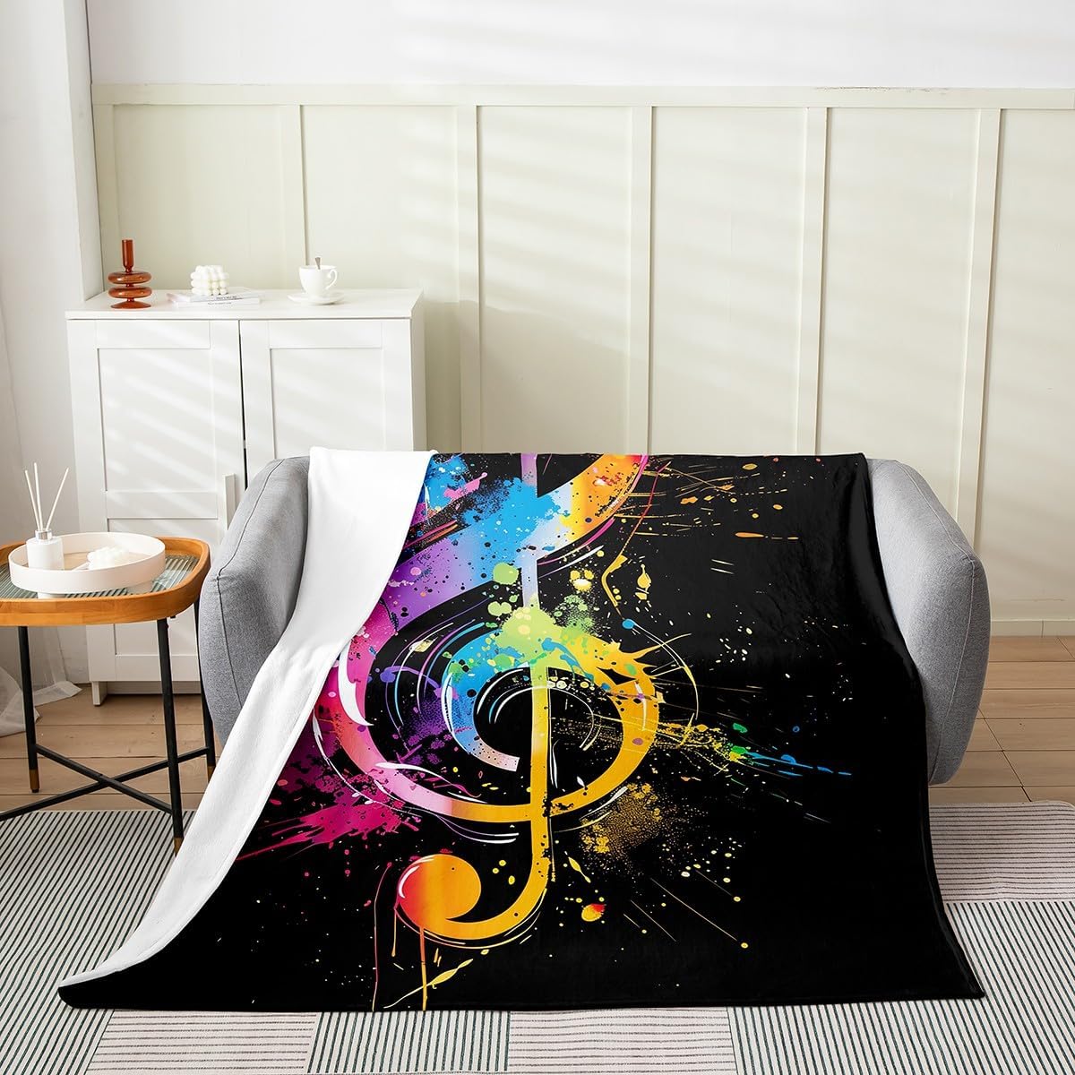 Erosebridal Musical Note Throw Blanket Queen 90x90, Color Painting Blanket, Music Abstract Fuzzy Blanket for Living Room, Yellow Purple Pink Black Pigments Kid Teen Fleece Blanket