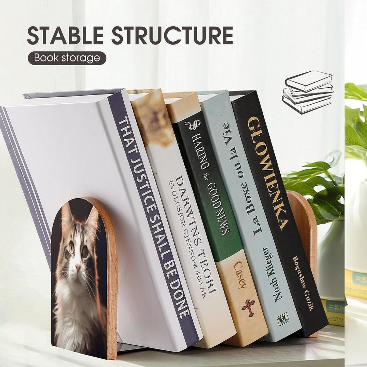 Cat Bookends 1 Pair Heavy Duty Book Ends for Shelves Non-Skid Bookend Supports Wooden Book Holders with Metal Base Desk Organizers Books Storage to Hold Books