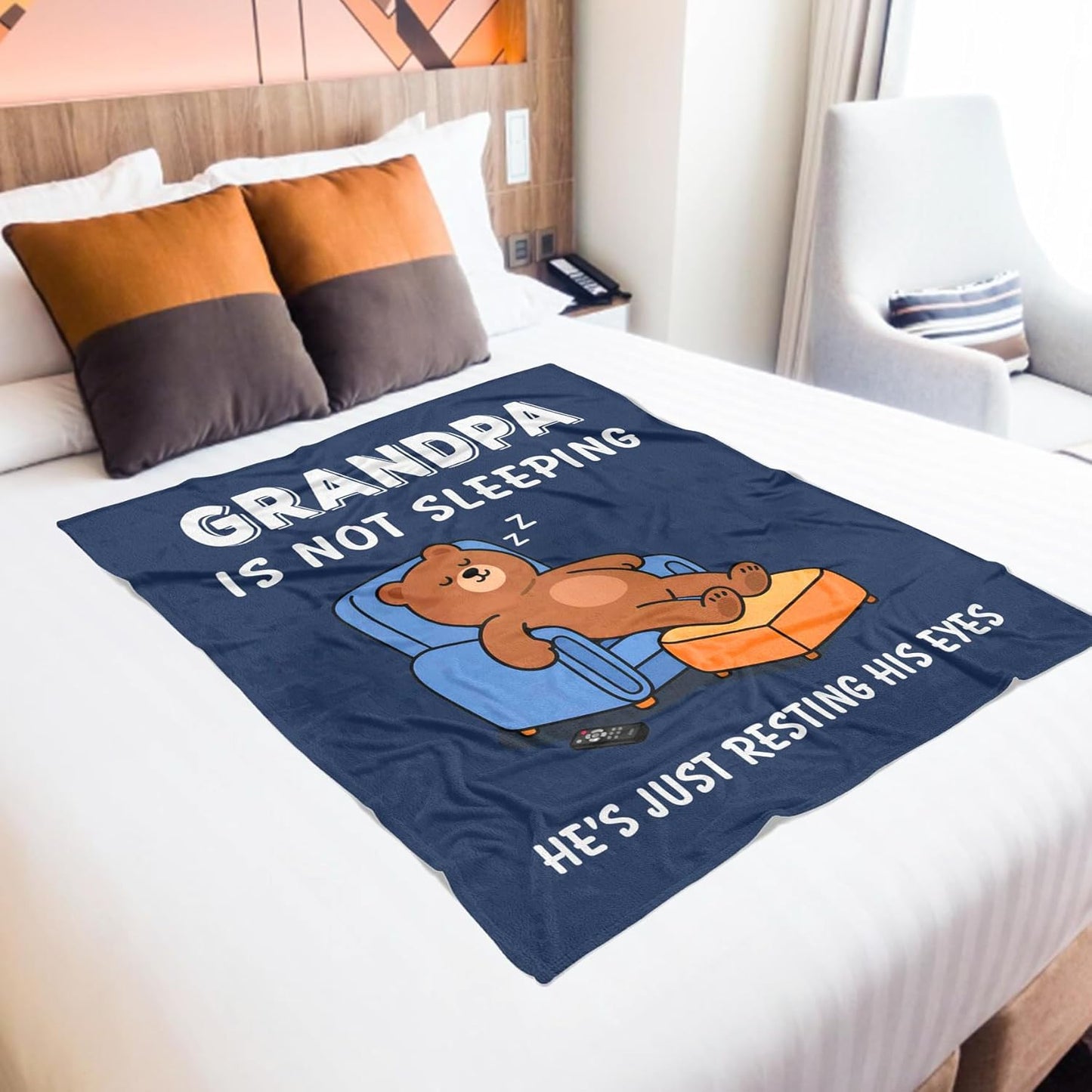 Funny Birthday Gifts for Grandpa, Grandpa is Not Sleeping Blanket, Grandpas Gifts for Father's Day from Grandkids, Soft Flannel Throw Blanket for Grandfather Napping 60"x 50"(Blue)
