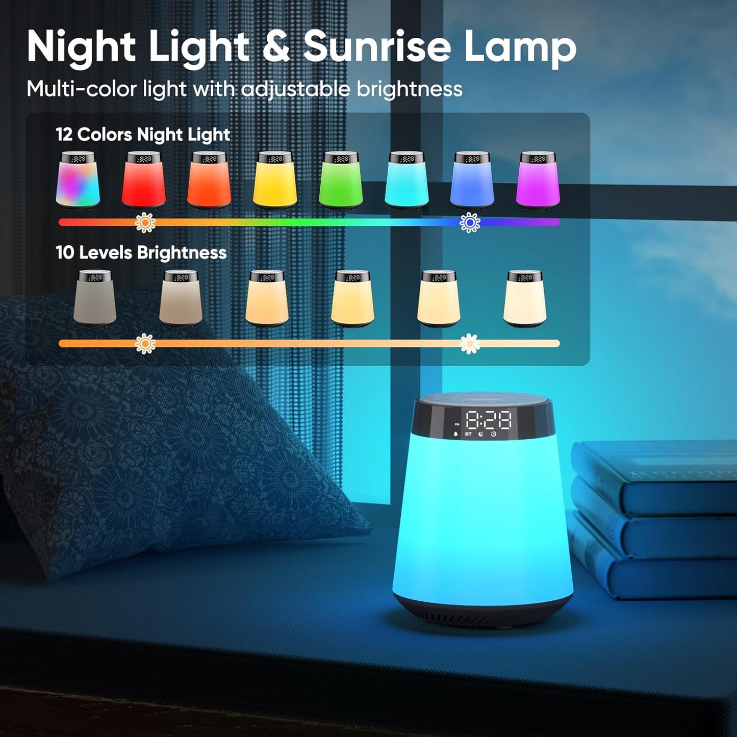 Sunrise Alarm Clock with Wake Up Light & White Noise Machine - 21 Soothing Sounds, 12 Color Dimmable Night Lights, Bluetooth Speaker, Digital Clock for Heavy Sleepers Adults/Kids