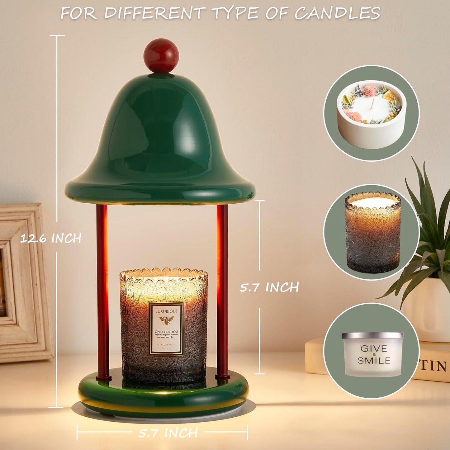 Mahbahole Bell Candle Warmer Lamp with Timer Dimmable, Bedroom House Office Aesthetic Living Girls Room New Home Decor, Christmas Birthday New Year Gifts for Women Mom - Green & Red