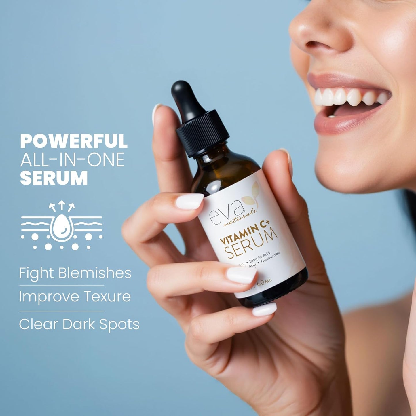 Eva Naturals Vitamin C Serum Plus – Facial Serum with Hyaluronic Acid, Niacinamide, Retinol, and Salicylic Acid – Hydrating and Smoothing Skin Formula – 2 oz