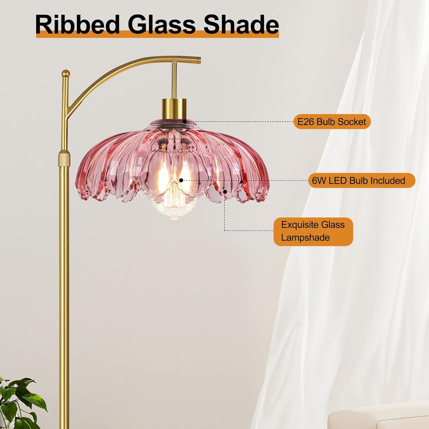 Floor Lamp for Living Room,Bedroom,Gold Dimmable Standing Lamp with Remote,Mid Century Modern Brass Tall Lamp Retro Vintage Pink Glass Lamp Floor Light Boho Bohemian