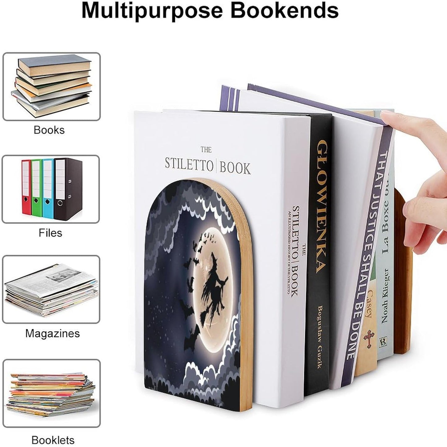 Halloween Flying Witch Wooden Bookend Non-Slip Book Ends Heavy Duty Book Stopper with Metal Base Books Holderd Decorative Bookends Stands Firmly for Office Supplies