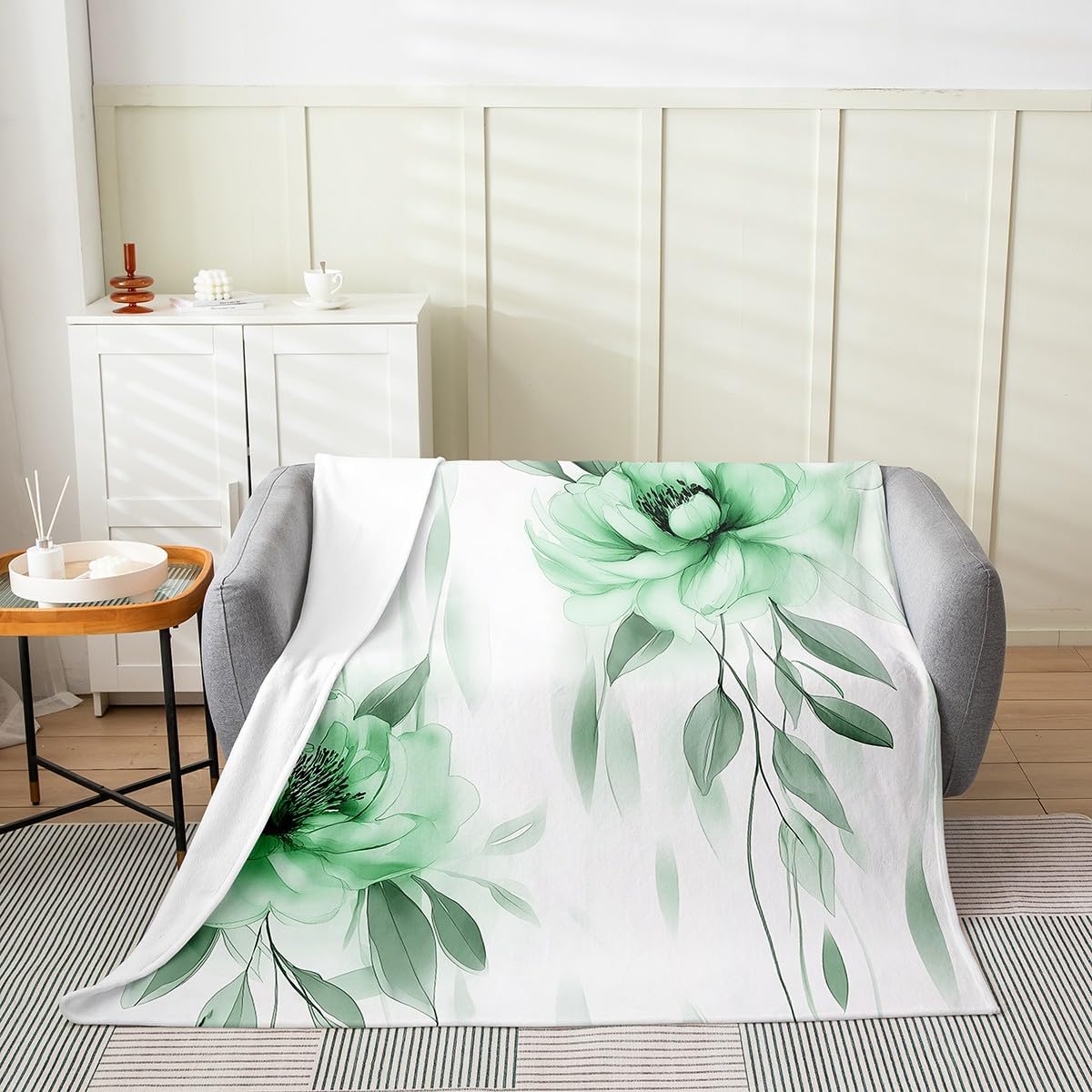 Green and Grey Boho Flannel Blanket Watercolor Floral Throw Blanket Ink Painting Style Flower and Leaf Cozy Throws for Bed Couch Sofa,Kids Boys Girls Room Decor,Soft and Breathable(40 x 50 Inches)