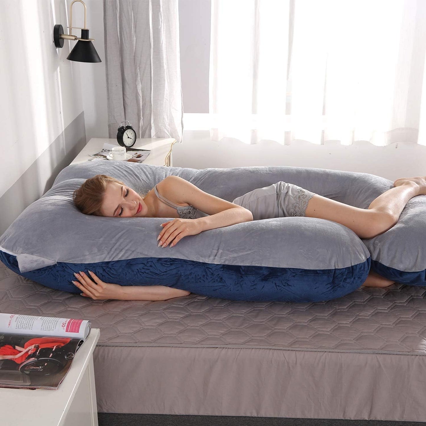 Elover Pregnancy Must Haves Pregnancy Pillow U-Shaped Full Body Maternity Support Pillow for Pregnant Women with Replaceable and Washable Velvet Cover Size 57" (Blue-Grey, Velvet)