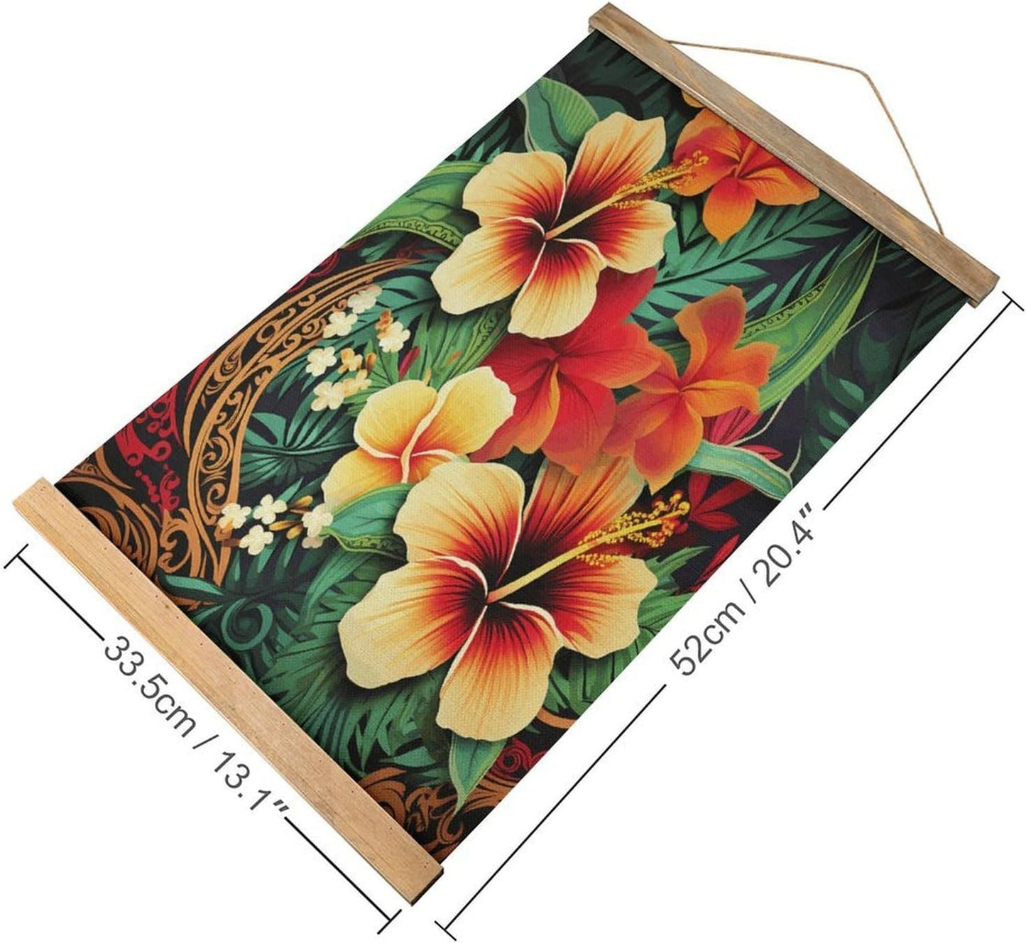 Vintage Hawaiian Style Print Pattern Poster with Wooden Frame Personalized Linen Hanging Scroll Painting Rustic Wall Hanging Illustrative Modern Artwork Decor for Home Living Room Bedroom Office
