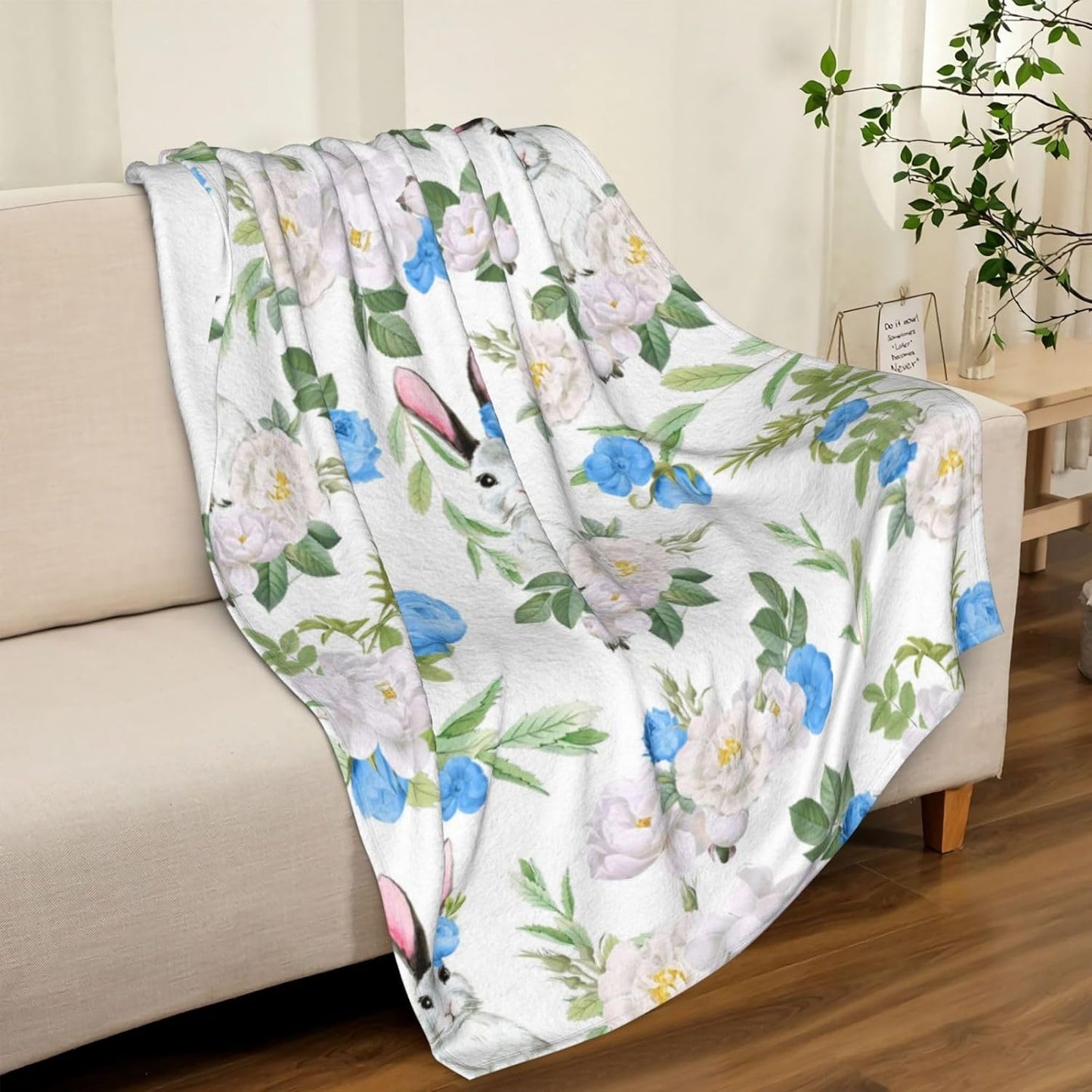 Easter Bunny Floral Blanket - Cozy Fuzzy Plush Warm Spring Watercolor Floral Rabbits Blanket for Decorations - 60x80 inch
