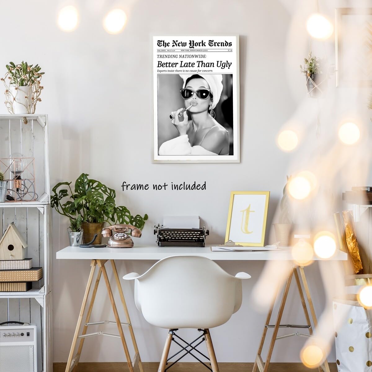 New York Trends Wall Art Black and White Newspaper Better Late Than Ugly Poster Canvas Prints Funky Feminist Posters Trendy College Wall Decor for Bar Cart Girl Dorm Room Bathroom Decorative 12x16inch Unframed