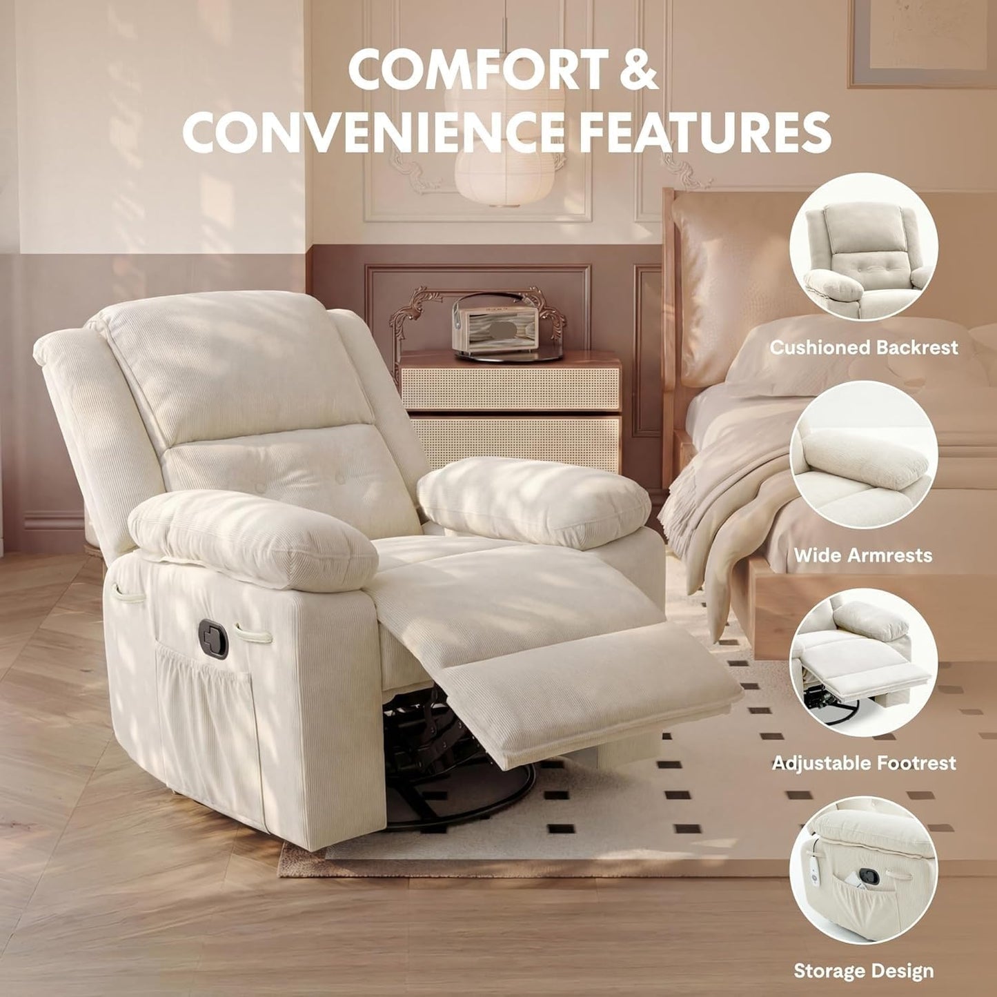 Modern Rocker Recliner Chair with Cushioned Backrest Adults Massage Rocking Chairs Nursery 360 Swivel Glider for Living Room Bedroom Home Furniture