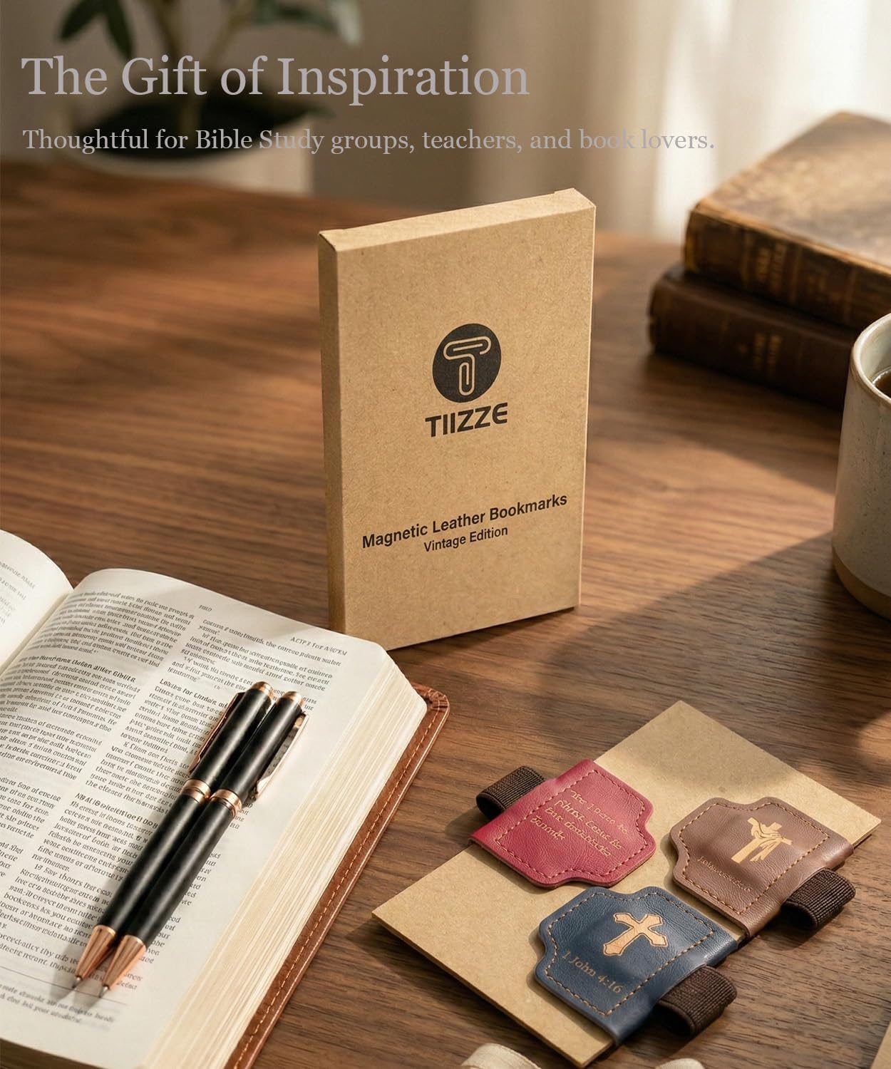 3-Pack Magnetic Leather Bookmarks with Integrated Pen Holder - Thin Page Markers for Bible Study, Laser Engraved Religious Christian Gifts for Women & Men, Page-Safe Magnets (Bible Verses)