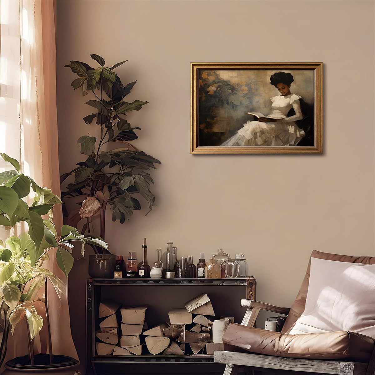Gold Framed Wall Art Vintage Canvas Wall Art African American Black Girl Reading Book Artwork Prints Picture for Living Room Bedroom Farmhouse Bathroom Office Decor, 16x24