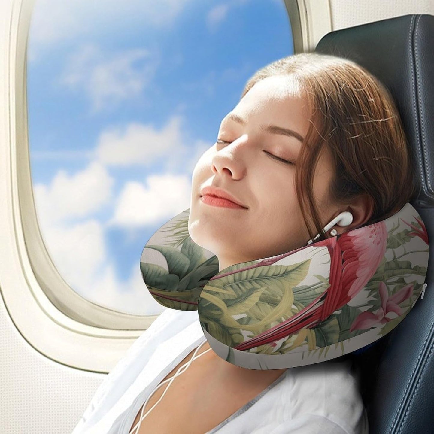 Flamingo and Leaves Neck Pillow Memory Foam U Shaped Pillows Portable Pillows for Shoulder Travel Head Support Pillow with Concealed Zipper for Airplane Car Home Office