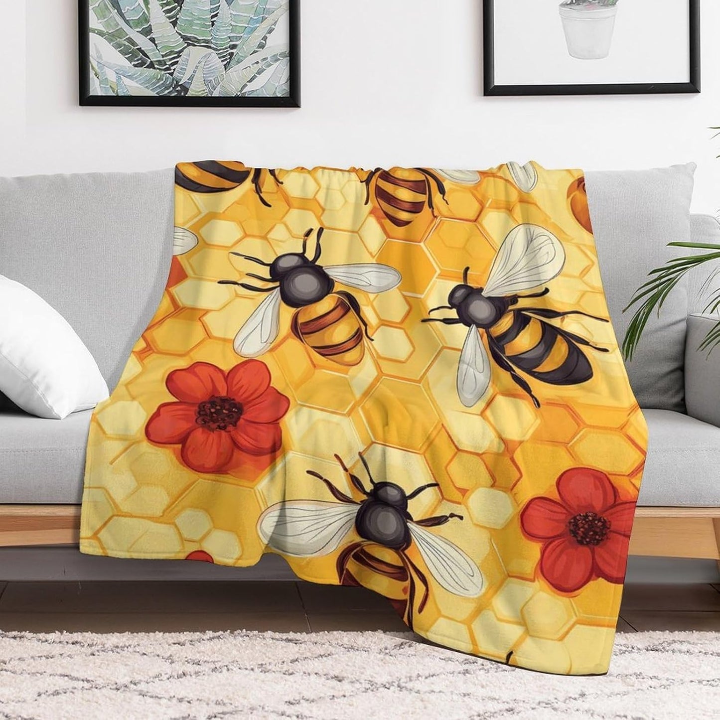Bees Honeycomb Flowers Throw Blanket for Couch Bed Plush Cozy Fuzzy Flannel Blanket for All Season 60"x80"