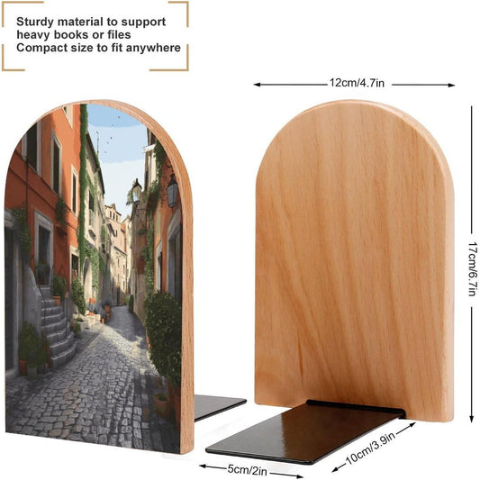Street of Italy Bookend for Shelves Wooden Book End Large Size Sturdy Book Holders Stoppers with Metal Base for Bookshelves Slick Decorative Bookends Stands