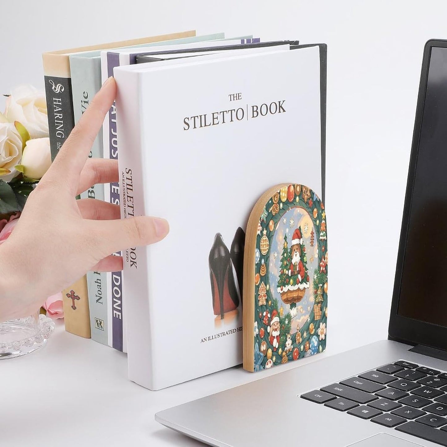 Christmas Aesthetic Bookends 1 Pair Heavy Duty Book Ends for Shelves Non-Skid Bookend Supports Wooden Book Holders with Metal Base Desk Organizers Books Storage to Hold Books