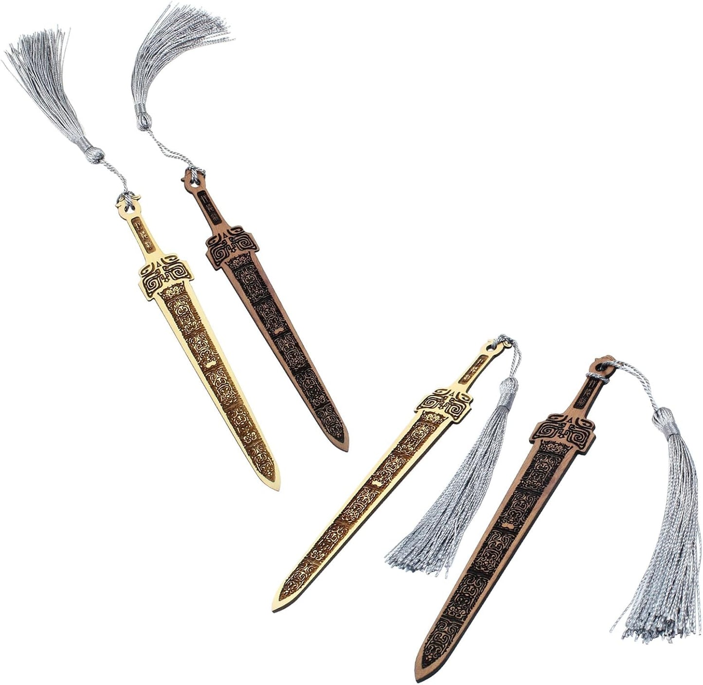 2 Pcs Sword Shaped Wooden Bookmarks, Wood Bookmark with Tassel Vintage Reading Page Markers Woods Book Marks(Coffee+Taupe)