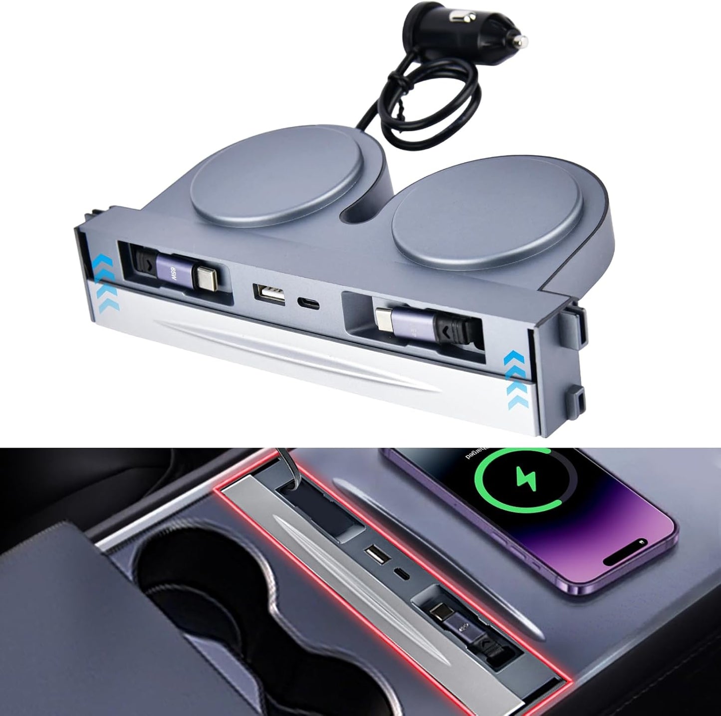 Upgrade Car USB Hub for Tesla Model 3 & Model Y Accessories, 65W Fast Phone Charger with 2 USB-C Retractable Cables & Waterproof Slide Cover Fit Model 3 2024-2026 & Model Y Juniper 2025-2026