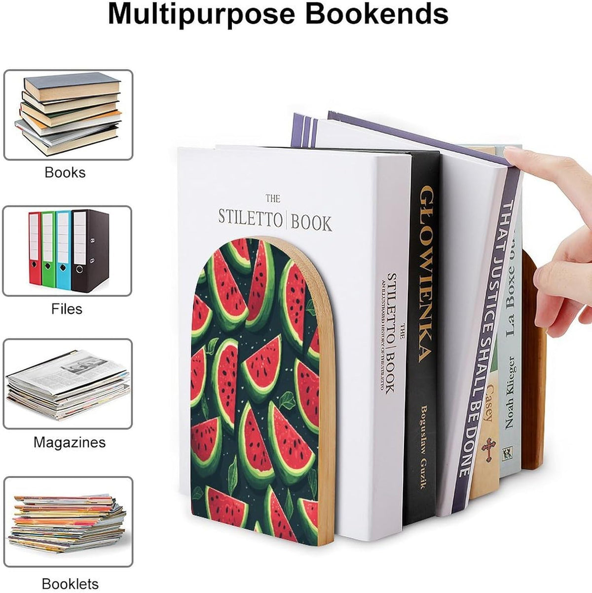 Red Watermelon Wooden Bookend Non-Slip Book Ends Heavy Duty Book Stopper with Metal Base Books Holderd Decorative Bookends Stands Firmly for Office Supplies