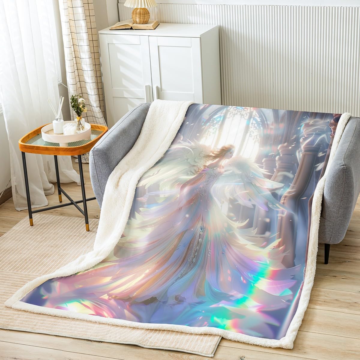 Erosebridal Girls Angel Blanket,Angel Wings Throw Blanket 40x50,Palace Fleece Blanket for Bed,3D Printed Rainbow Sherpa Blanket,Luxury White