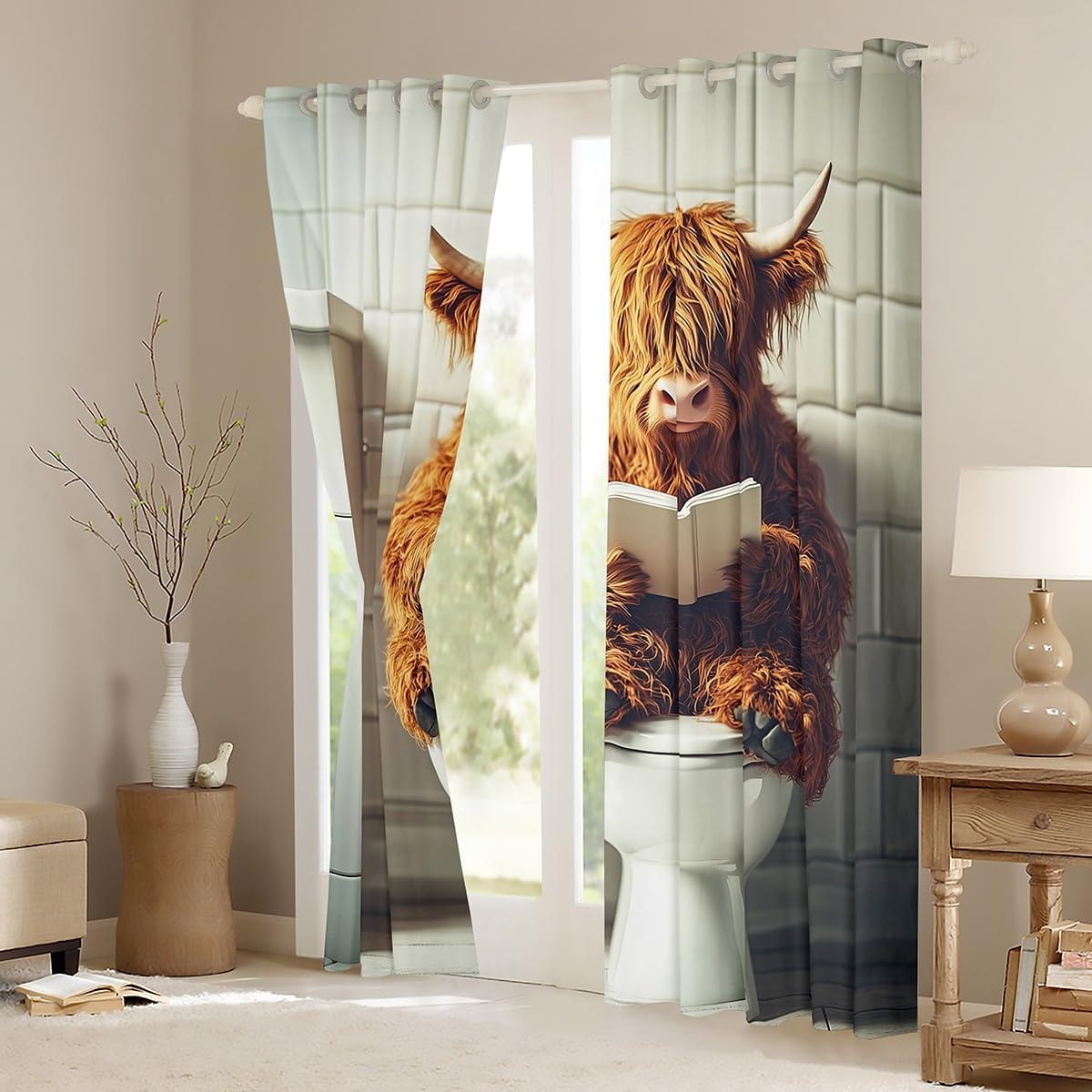 jejeloiu Funny Highland Cow Curtain (2 Panels, 52 x 84 Inch) Kids Highland Cattle Blackout Shades Reading Book Rustic Farm Room Darkening Curtain Window Treatments,Microfiber