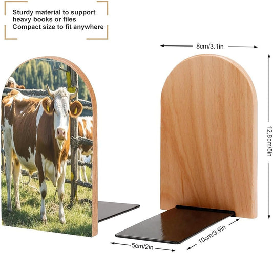 Farm Cow Pictures Bookends 1 Pair Heavy Duty Book Ends for Shelves Non-Skid Bookend Supports Wooden Book Holders with Metal Base Desk Organizers Books Storage to Hold Books