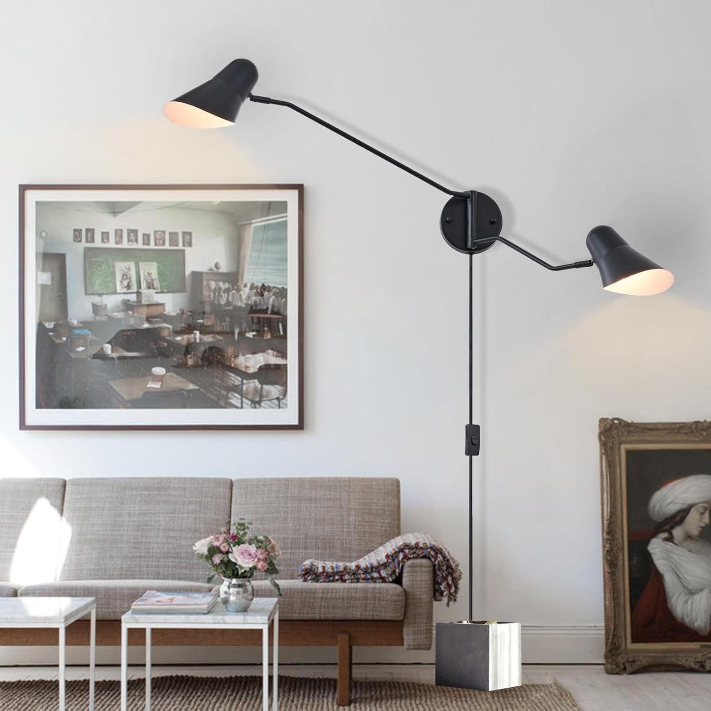 Modern 2-Lights Swing Arm Wall Sconces Black Plug in Wall Light 180° Rotatable Wall Mount Lamp with ON/Off Cord for Bedroom, Living Room, E26 Base