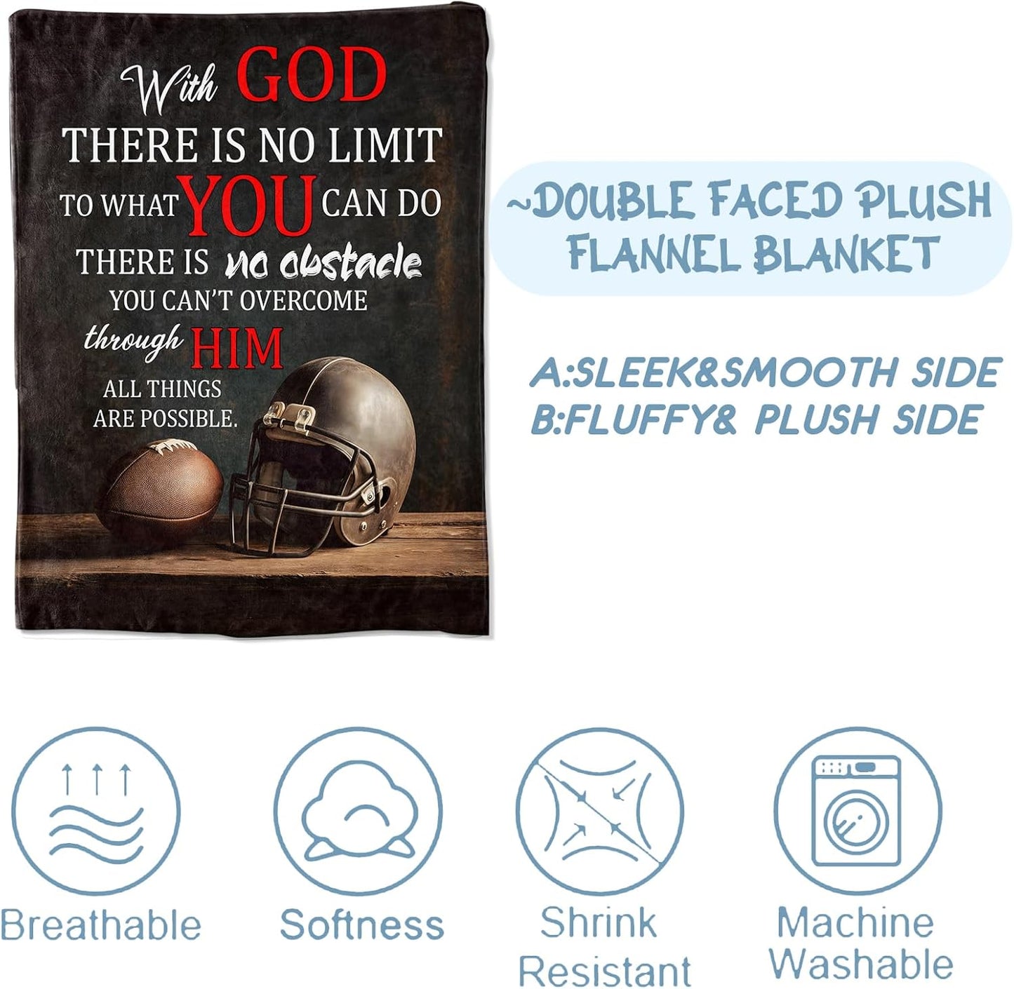 Football Blanket,Sport Gifts for Athletes Fans,Soft Lightweight Flannel Throw Blankets,Helmet Ball and Inspirational Quote Throws Home Decor,for Couch Living Room Office,60x50inch