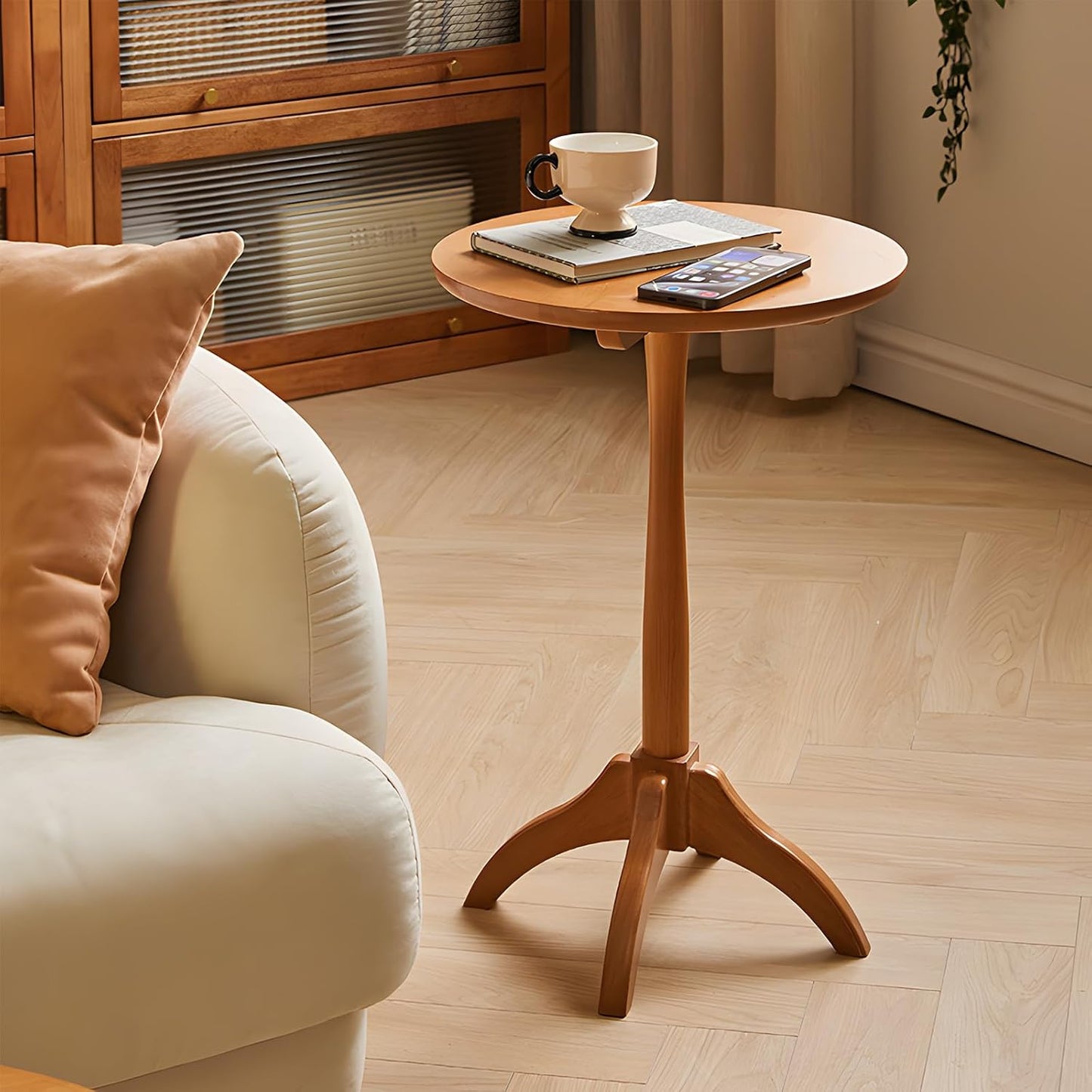 Small Round Side Table, Solid Wood End Table with Adjustable Height, Portable Accent Coffee Table, Nightstand,15.75" Dia.x 23.62" H,(Natural)