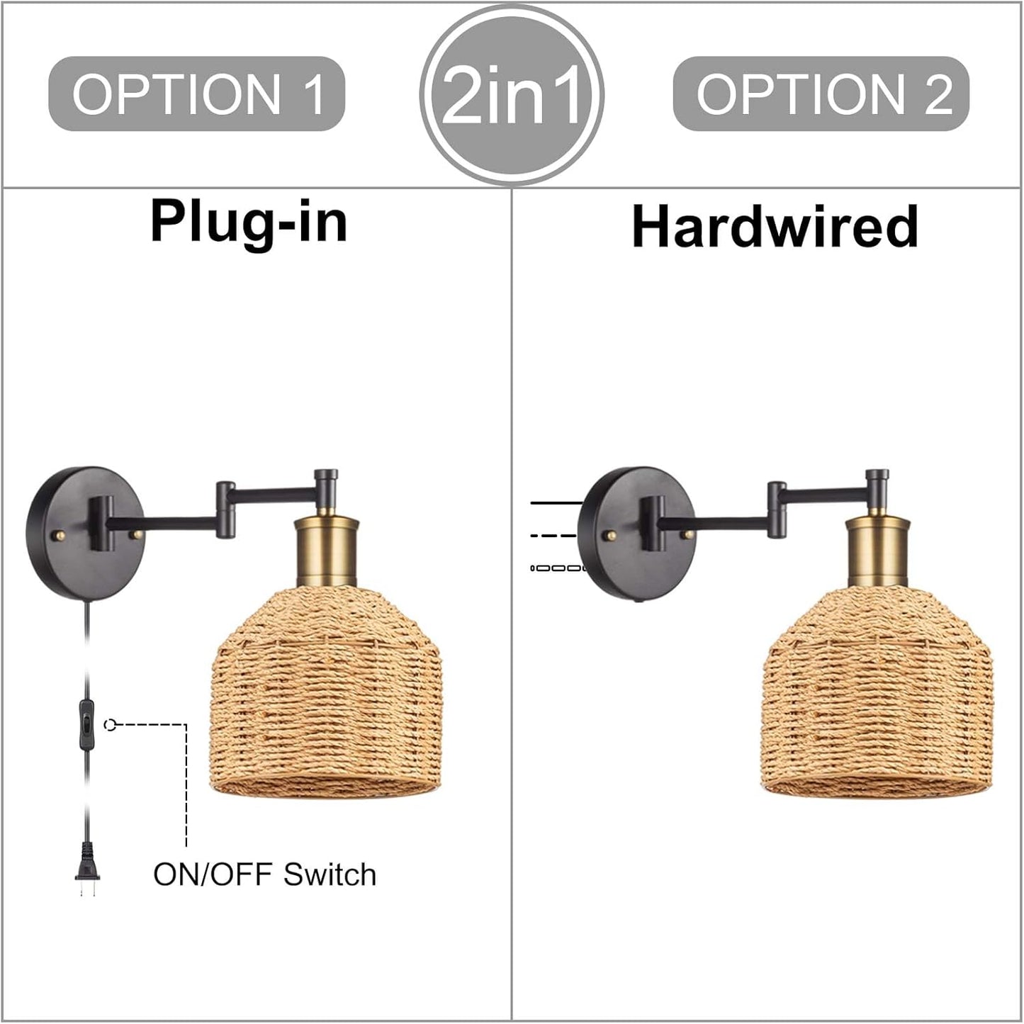 Plug in Wall Sconces, Swing Arm Wall Lamp with Natural Paper String Lampshade Set of 2, Bronze Head, Vintage Adjustable Wall Mounted Sconce Wall Light Fixture for Bedroom,Bedside,Kitchen,Living Room
