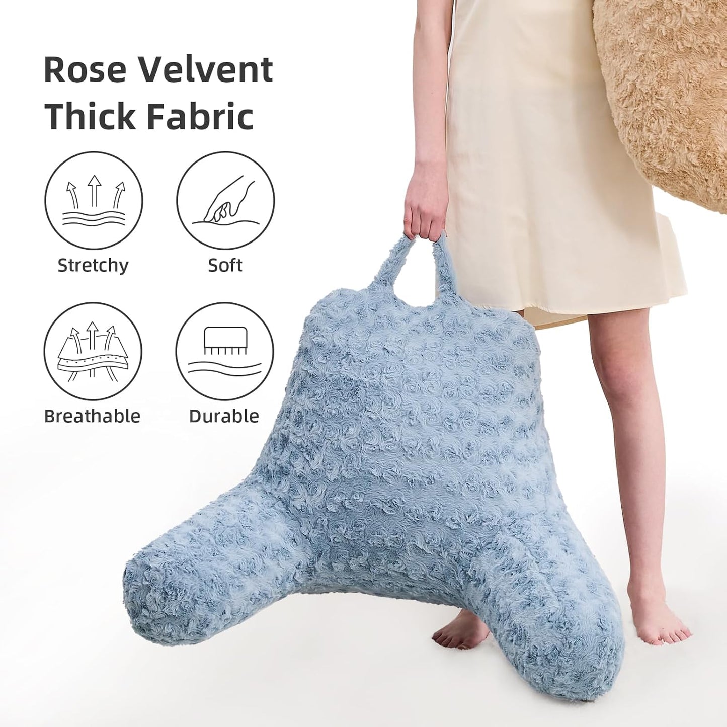 Reading Pillow,Rose Velvet Back Pillow with Arms for Bed Sitting Up, Bed Pillow for Adult Children, Backrest Pillows with Washable Cover, Chair Pillow for Watching TV/Gaming/Relaxing (Lake Blue)