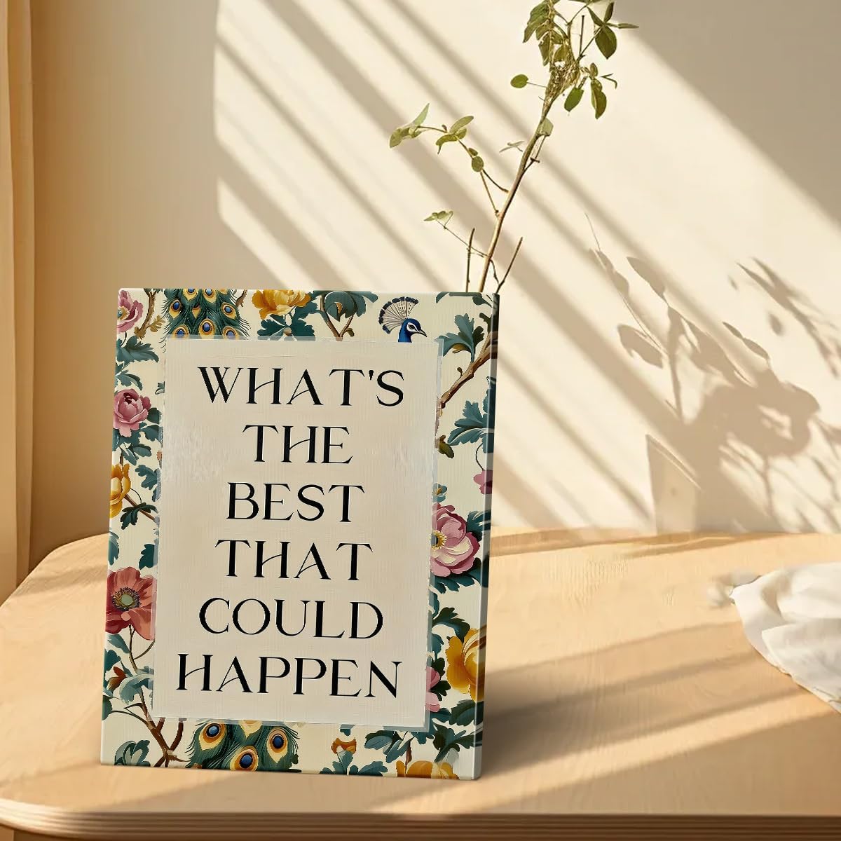 WOXZQ What's The Best That Could Happen Quote Wall Art Inspiarational Vintage Floral Print Motivational Modern Wrapped Canvas Poster for Bedroom Living Room Office Decor 8x10 Inch