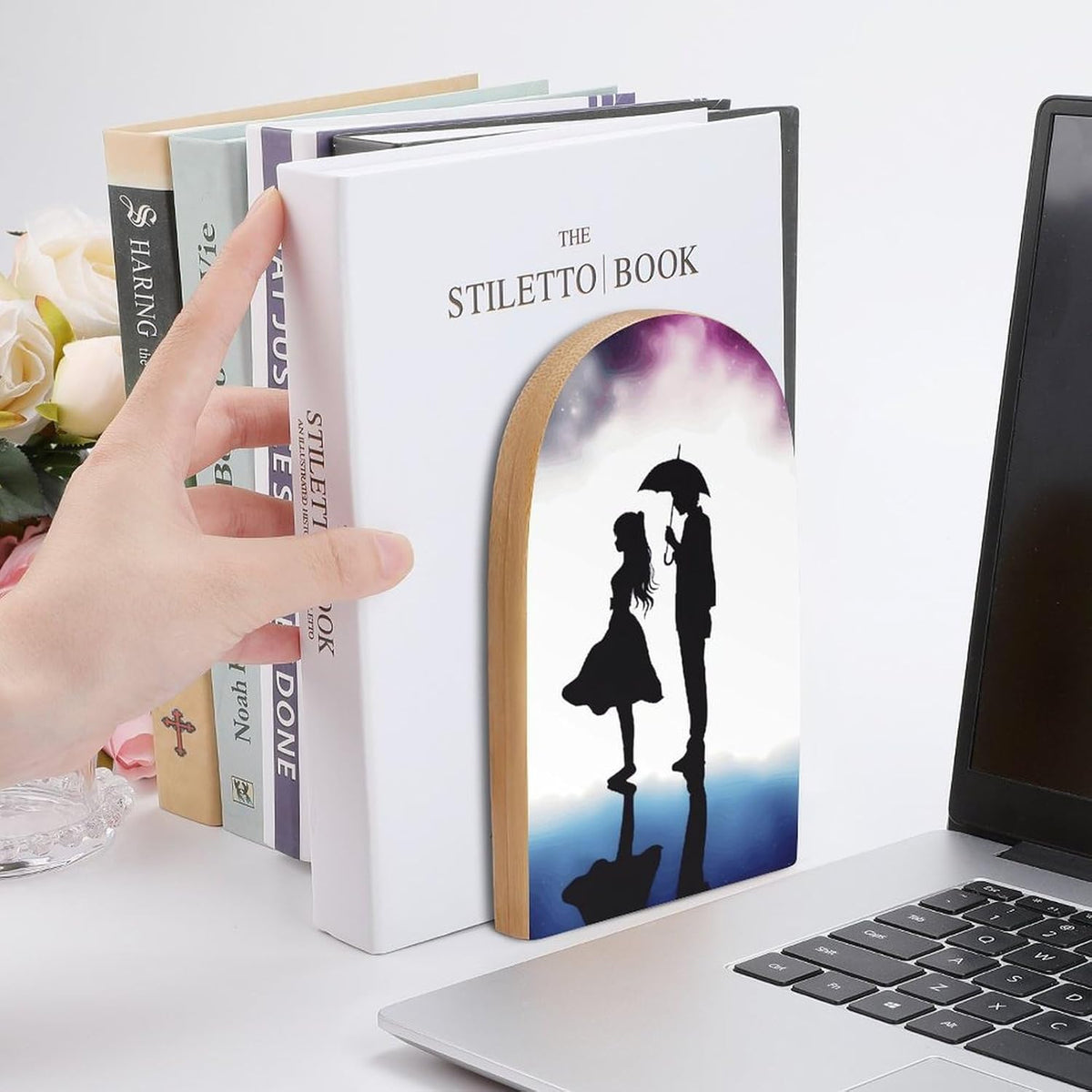 Non-Slip Bookend for Shelves Anime Lovers Silhouette Wooden Bookends with Metal Base Decorative Book Stopper for Home Heavy Duty Wood Book Storage for Books/CDs