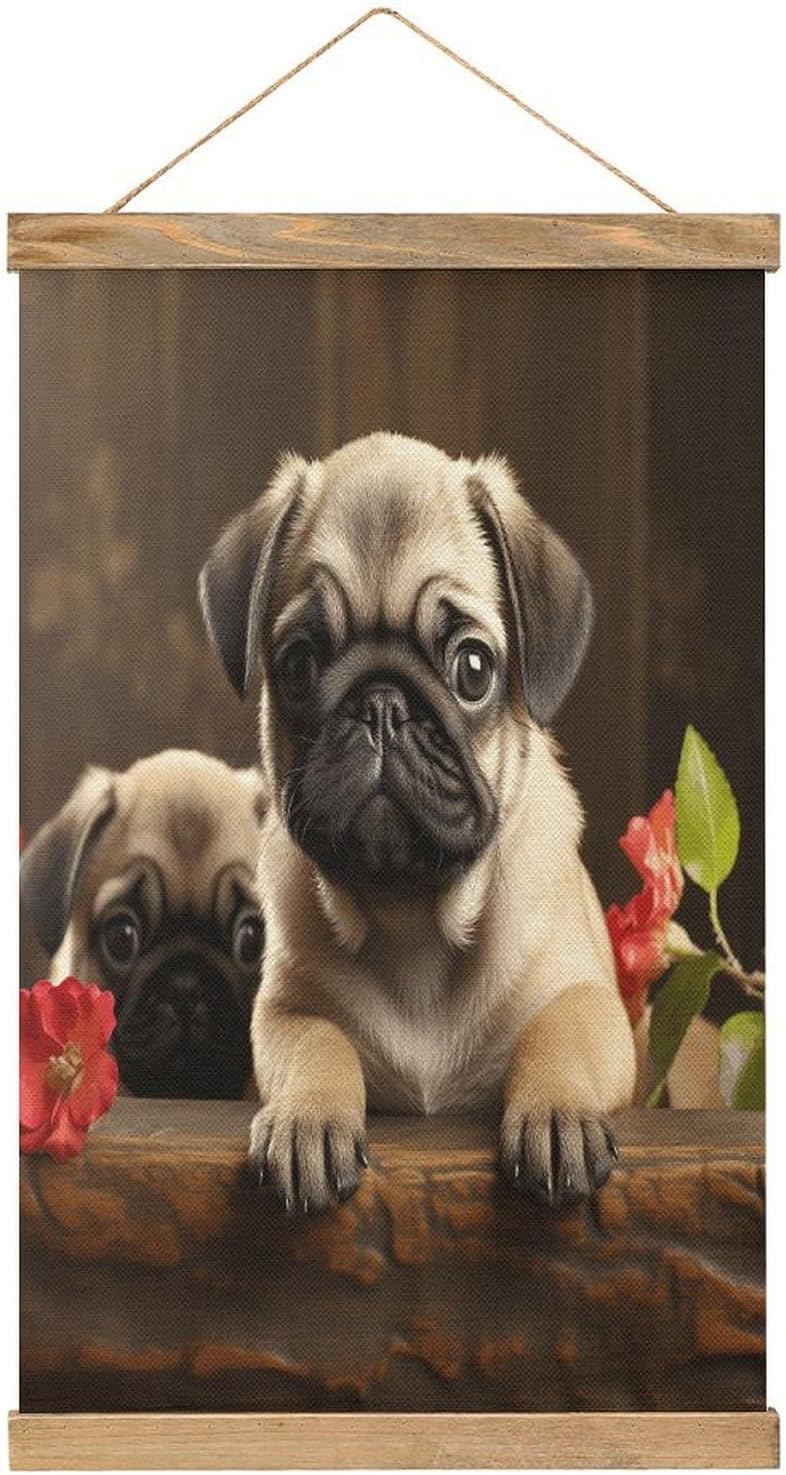 Vintage Puppys Pug Poster with Wooden Frame Personalized Linen Hanging Scroll Painting Rustic Wall Hanging Illustrative Modern Artwork Decor for Home Living Room Bedroom Office