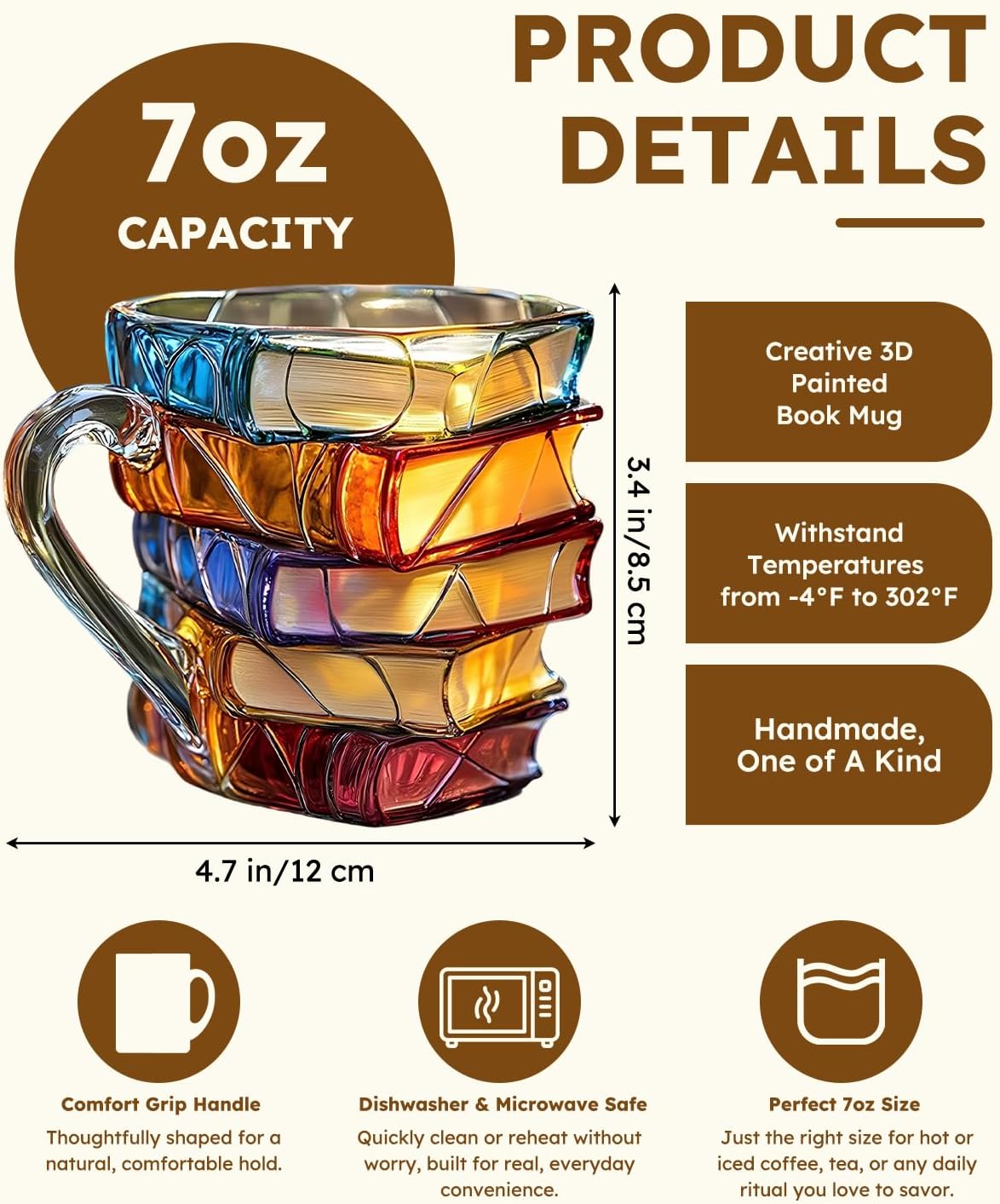 2PCS Chapter Book Mug Glass 3D Book Mugs Birthday Gift For Women Stained Glass Cups with Stack Design Artistic Reading Coffee Cup Unique Literary Friendship Gifts for Women Friends & Readers