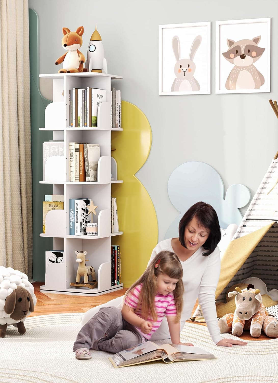 Rotating Bookshelf Tower, 4 Tier Spinning Square Bookshelf for Small Spaces, 360 Display Kids Bookshelves, Revolving Bookcase Floor Standing Storage Rack, White