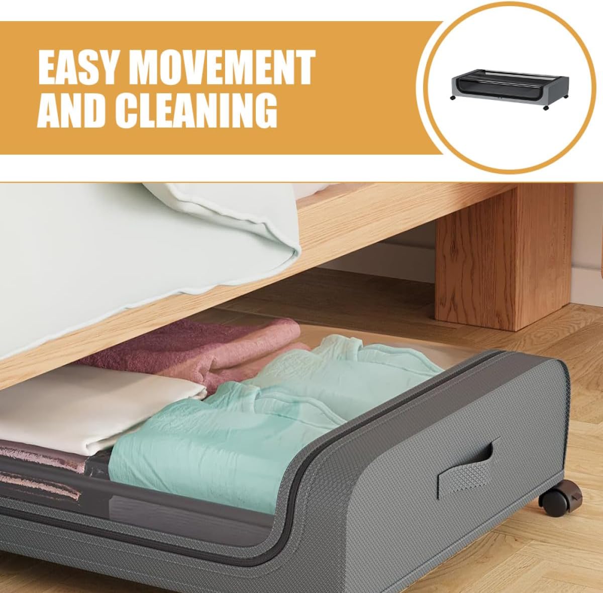 PRETYZOOM Bed Storage Cart with Wheels and Lid Gray Plastic Underbed Storage Box for Clothes and Bedding Organizer