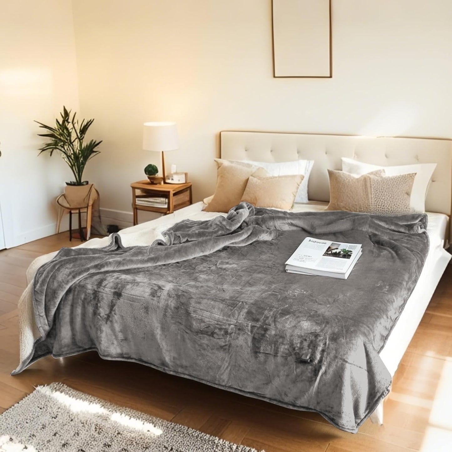 Electric Heated Blanket Throw Size 50"x60" - Flannel & Sherpa Fabric Dual-Sided, Keep Warm All Night, 6 Heat Settings & 1-3 Hours Auto Off, Soft & Cozy, Light Grey