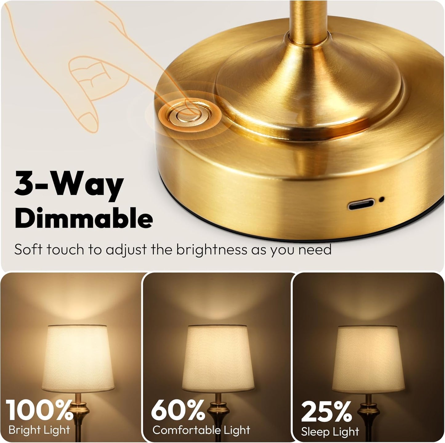 NIORSUN Portables Cordless Table Lamp, 10.2" Battery Operated Lamp, Bedside Table Lamp with Warm White,3 Way Dimmable Touch Desk Lamp for Bedroom Living Room Restaurant Whtie Shade (Gold)