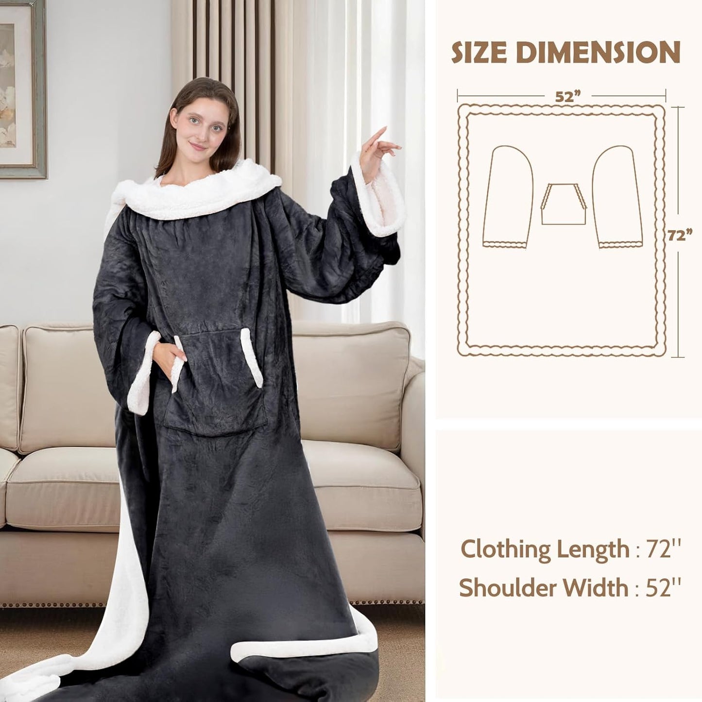 HOW'S MY HOUSE Wearable Heated Blanket with Sleeves and Foot Pocket, 52"x72" Electric Blanket for 6 Heat Settings, 12-Hour Timer, Flannel & Sherpa, Charcoal