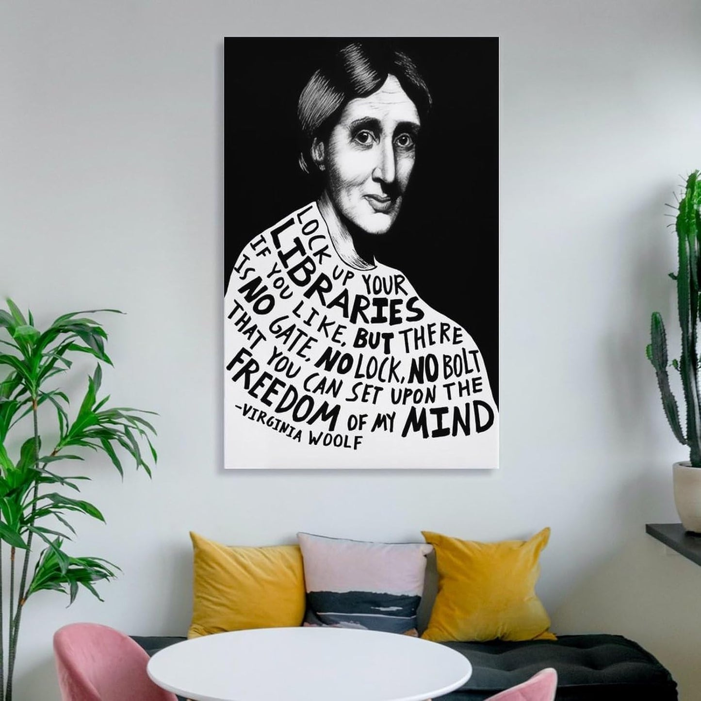 Virginia Woolf Library Freedom Quote Illustration Canvas Printing Wall Art Black White Portrait Typography Feminist Literature Prints Reading Nook Posters Book Lover Wall Decor 12x18inch(30x45cm)