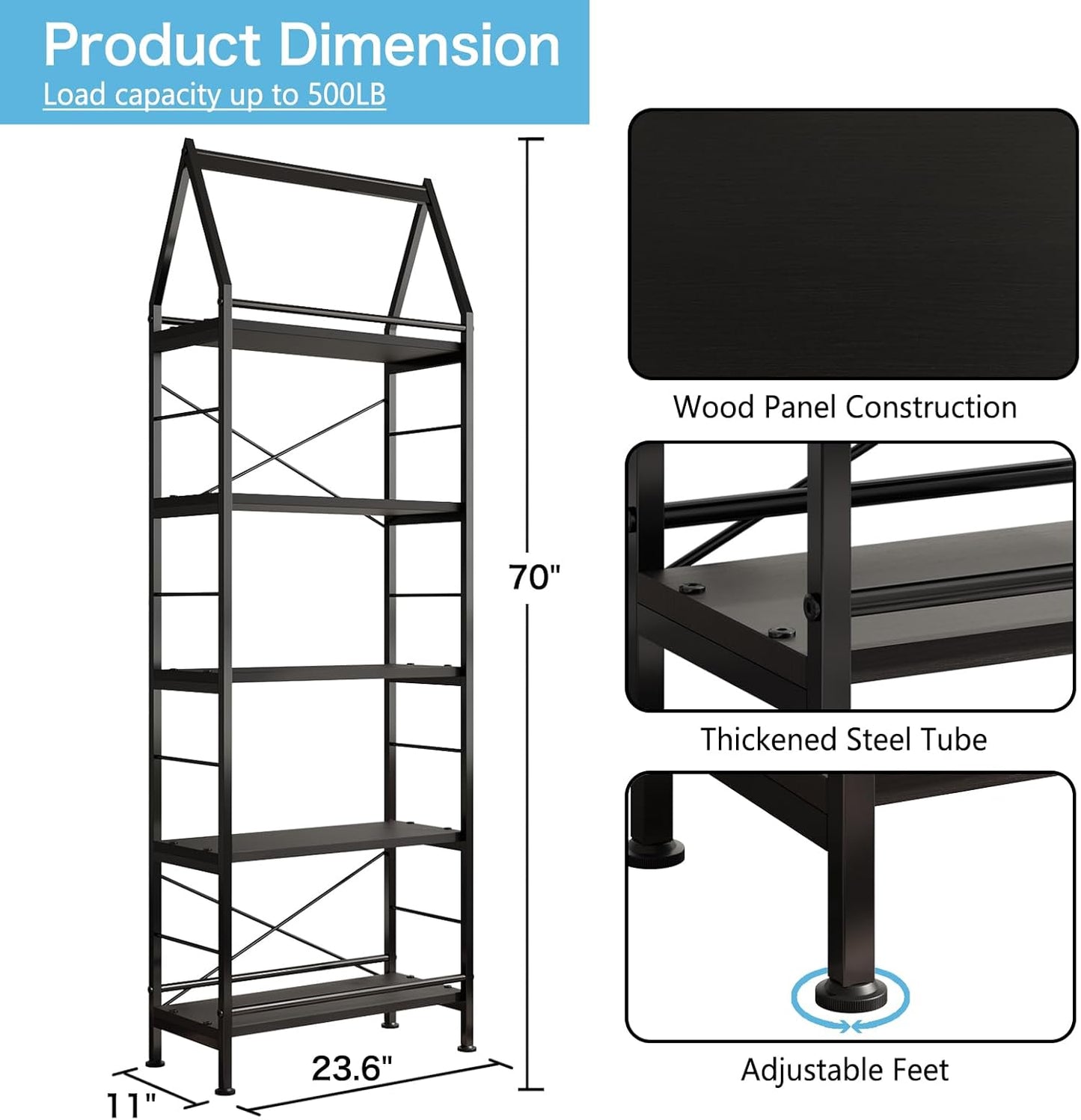 5-Tier Modern Bookshelf – Black Alloy Steel Standing Shelf Unit with Anti-Tip Kit, Open Display Rack for Study Room, Home Office, Living Room (Durable Wrought Iron Frame + Wooden Shelves)